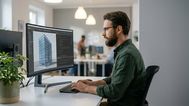 Architect using computer aided design software on monitor displaying architectural building model and code in modern office workplace with natural light and green plant on desk.