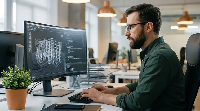 Architect using computer aided design software on monitor displaying architectural building model and code in modern office workplace with natural light and green plant on desk.