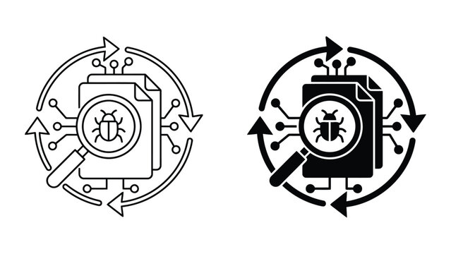 Cybersecurity bug scanning and digital system inspection icons with cybersecurit