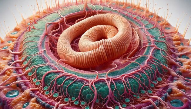 Abstract microscopic view of a coiled biological organism featuring intricate cellular structures and vibrant textures in a high resolution scientific render