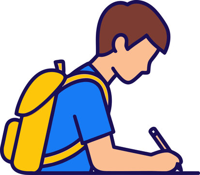 Student Studying Hard with Backpack, Writing Notes, Focused Learning