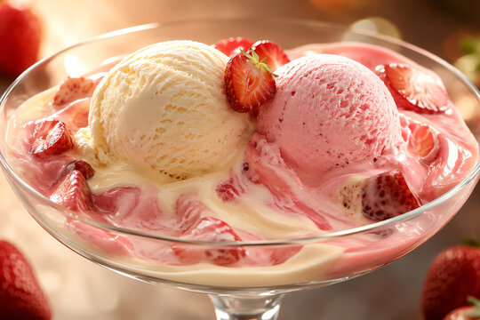 Close-up of strawberry and vanilla ice cream scoops served in a glass bowl with fresh strawberry slices. A refreshing summer dessert, delicious and creamy food photography.
