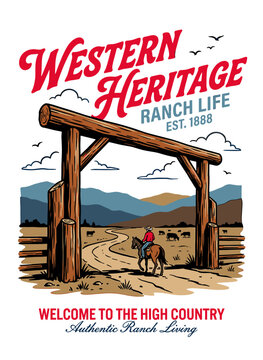 Rustic vintage western cowboy riding horse through ranch gate with mountain landscape, retro graphic illustration for t-shirt design and branding.