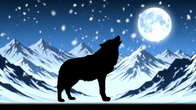 Wolf silhouette howling at full moon in snowy mountains.