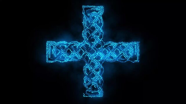 Glowing blue celtic cross animation with ethereal energy aura