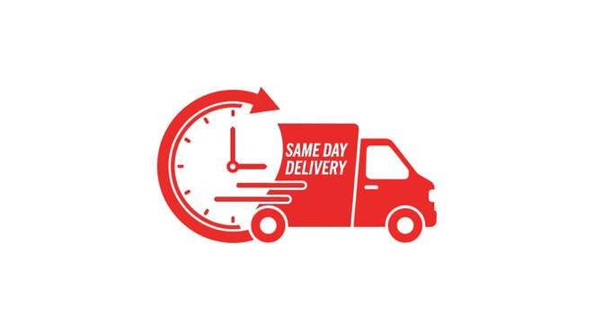 Red same day delivery truck icon with clock and speed lines, representing fast shipping and logistics services for e-commerce.