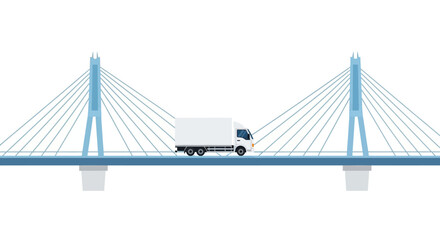 Obraz premium White Delivery Truck Crossing Cable-Stayed Bridge Illustration for Logistics and Transportation