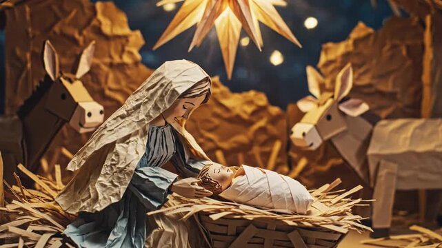 Intricate papercraft nativity scene with star and manger.