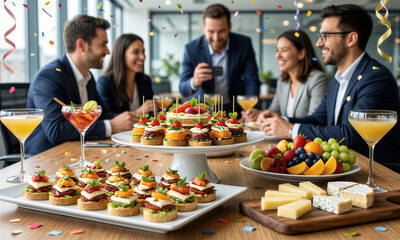 Obraz premium Beautifully styled party food in focus with blurred joyful colleagues celebrating in bright modern office creating warm festive atmosphere with professional lifestyle photography