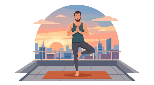 Man practicing yoga tree pose on rooftop at sunrise with city skyline