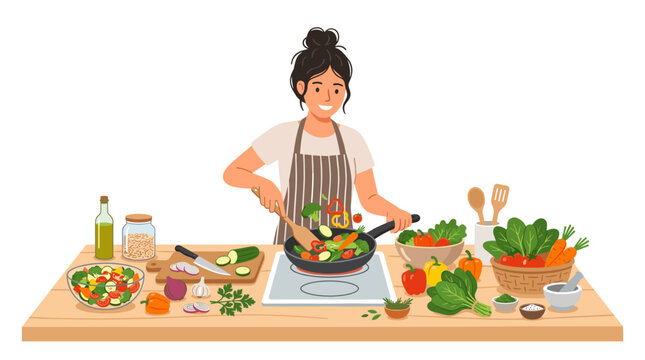 Woman cooking healthy vegetables in a pan with fresh ingredients on the table