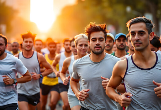 Group of diverse runners competing in half marathon at golden hour