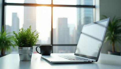 Fototapeta premium Modern office desk with laptop, green plant, and coffee mug. Bright workspace with city view. Professional setup for business and productivity.