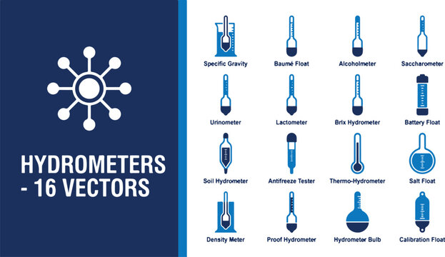 Hydrometers displayed on a clean workspace with assorted laboratory equipment and various scientific tools with precision instruments.