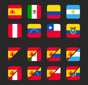 Spanish language country flags set, Spain and Latin America. Square icons with rounded corners. Simple stylized cartoon flat vector style.