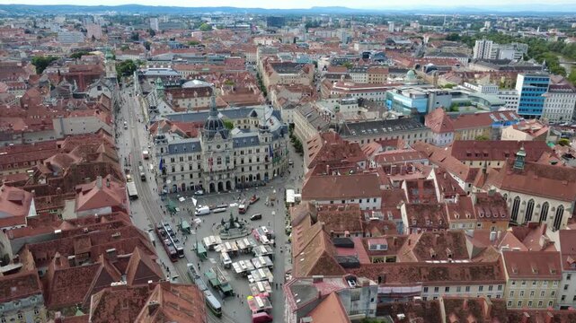 Aerial view of the main square and town hall in Graz, Austria