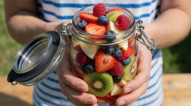 Person Holding a Jar Filled with Fresh Mixed Fruits Including Strawberries, Blueberries, Raspberries, Kiwi, and Apple in a Natural Outdoor Setting