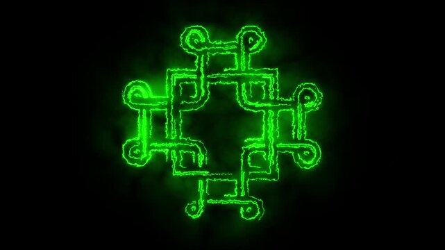 Glowing green neon celtic knot symbol pulsing abstract background