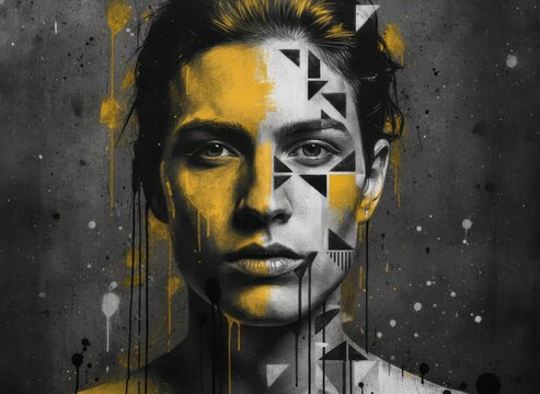 Abstract portrait of a woman with geometric patterns and yellow accents on a dark background