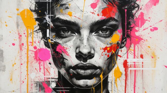 Artistic portrait of a young woman with vibrant paint splashes and abstract elements in a striking mixed media style