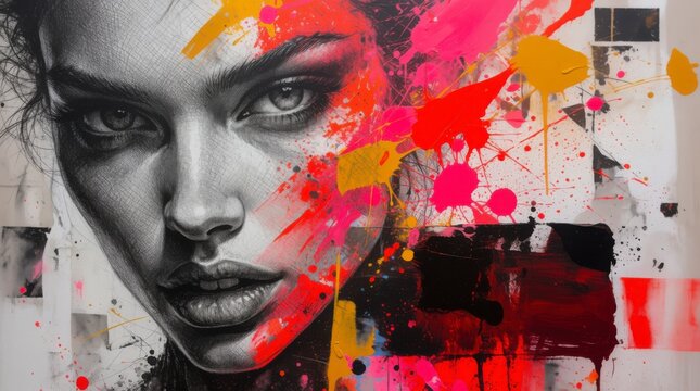 Close-up of a striking female portrait with vibrant abstract paint splashes in pink, yellow, and black, showcasing a blend of realism and modern art techniques