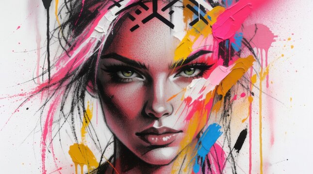 Vibrant Portrait of a Young Woman with Colorful Abstract Background and Graffiti Elements
