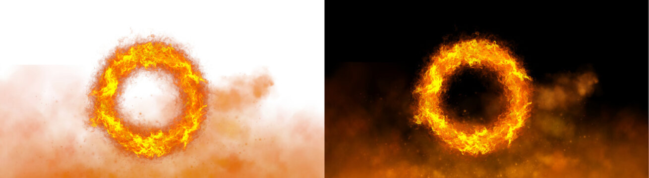 PNG of A vibrant circular ring of bright orange flames with swirling smoke particles and intense glowing embers on transparent background