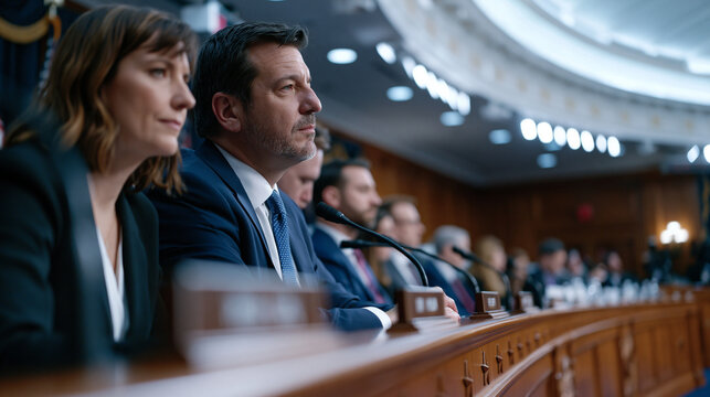 A congressional subcommittee room where senators and technology policy advisors face a witness table during an AI regulation hearing, official nameplates and microphones arranged precisely along the