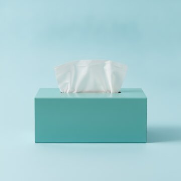 Soft White Tissue Paper Emerging from a Turquoise Box on a Light Blue Background