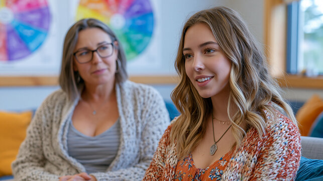 A female therapist and young adult female client sit face to face in a softly lit counseling office, with a feelings wheel chart on the wall behind them, representing emotional eating therapy, cogni