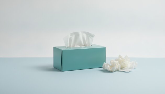 Teal Tissue Box with White Tissues on a Light Blue Background, Minimalist and Clean Composition
