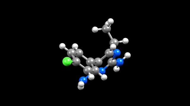 Structure of antiparasitic medication pyrimethamine primarily used to treat toxoplasmosis and cystoisosporiasis. Animated 3D ball-and-stick and spacefill models, black background.