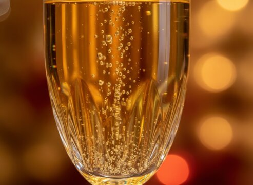 Close-Up of a Sparkling Glass of Champagne with Bubbles Against a Soft Bokeh Background