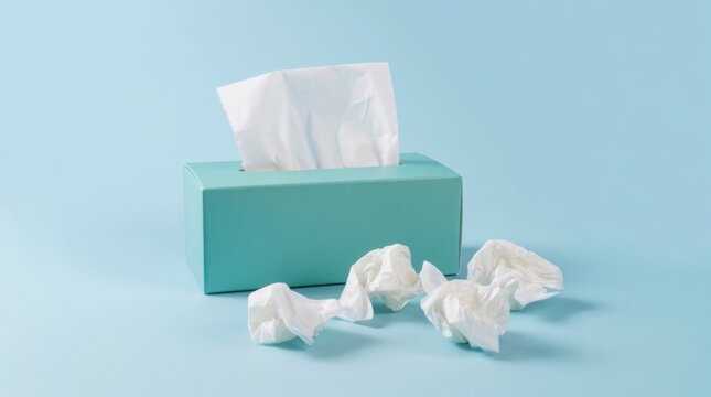 Tissue box with tissues partially pulled out and crumpled tissues on a light blue background