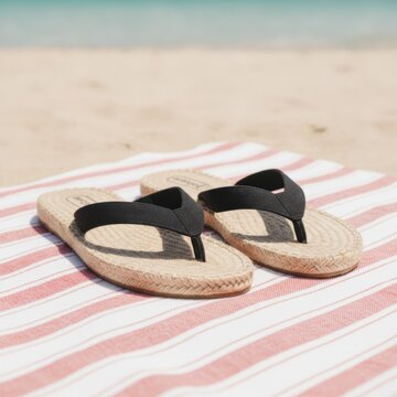 Black flip-flops resting on a striped beach towel with a sandy shore and ocean in the background