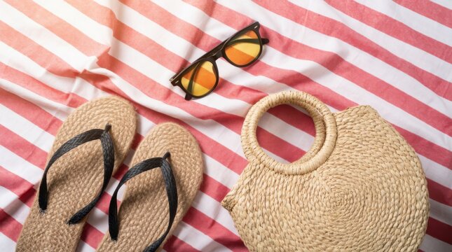 Beach Essentials Laid Out on a Striped Towel: Sunglasses, Flip Flops, and a Straw Bag