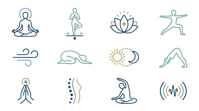 Set of minimalist yoga and meditation icons featuring various poses and spiritual symbols.