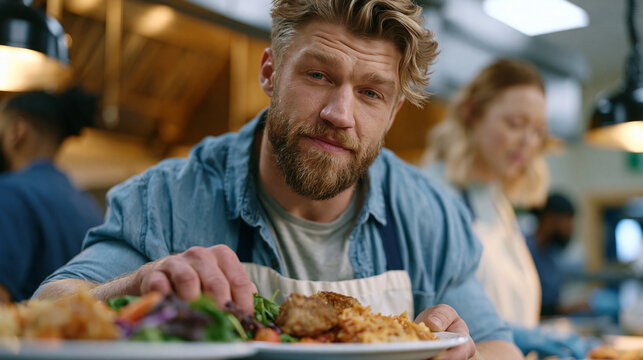 A man in recovery from binge eating disorder arranges a structured meal on a plate at a supervised residential treatment facility kitchen, supported by a counselor, capturing structured eating recov
