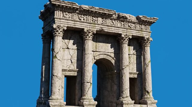 Ancient Roman triumphal arch monument against clear blue sky.