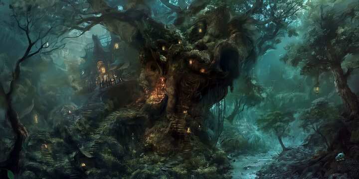 Mystical fantasy treehouse village hidden in deep dark enchanted forest with glowing windows stone steps and river painting illustration
