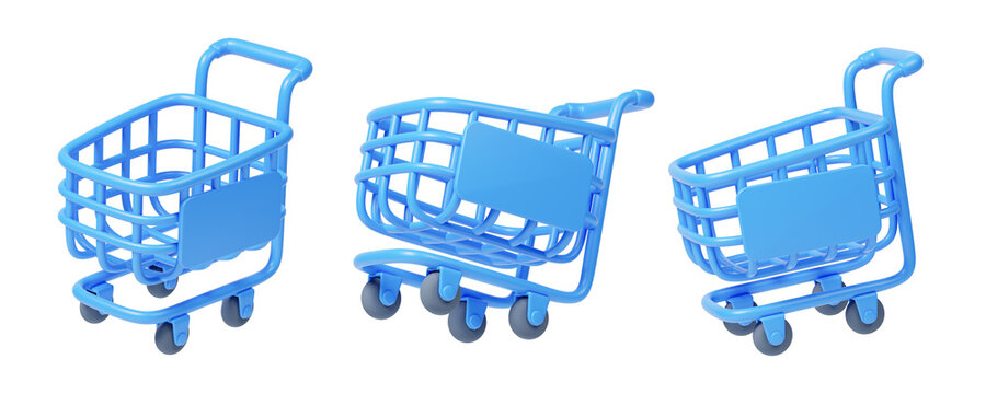 3D Shopping Cart Icon Collection Isolated on Transparent Background
