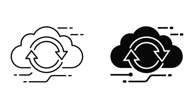 Cloud data sync and update icon set in flat linear and solid style with download