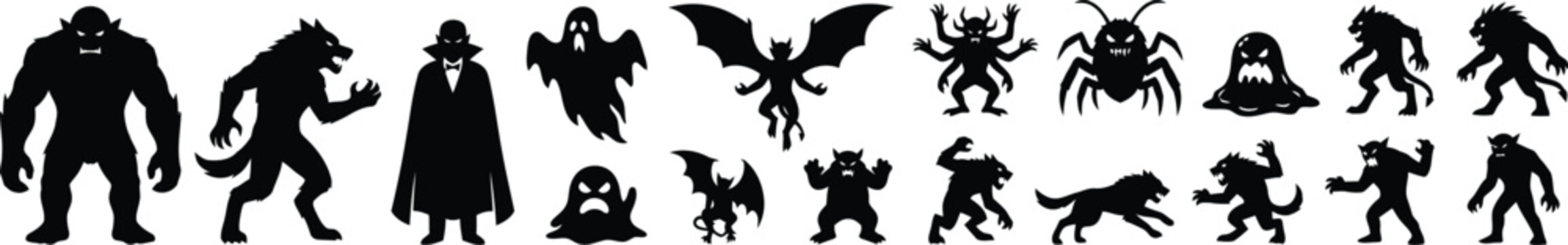 Set of scary monsters and mythical creatures silhouettes including vampire, werewolf, ghost, demon, and goblin
