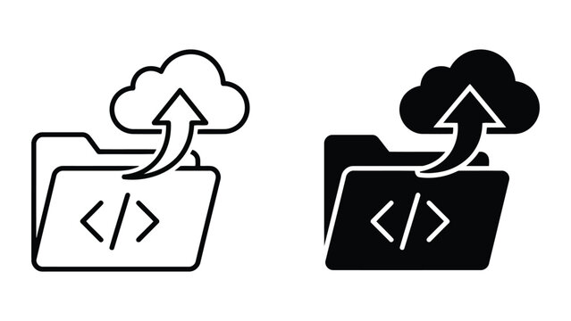 Cloud upload file document coding icon set with document programming transfer