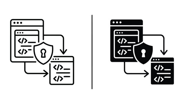 Secure code deployment flow icon set with deployment security programming