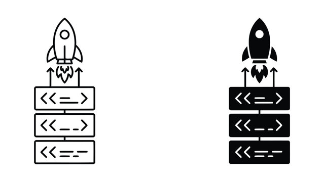 Software launch and deployment icon set, rocket launching from servers, software