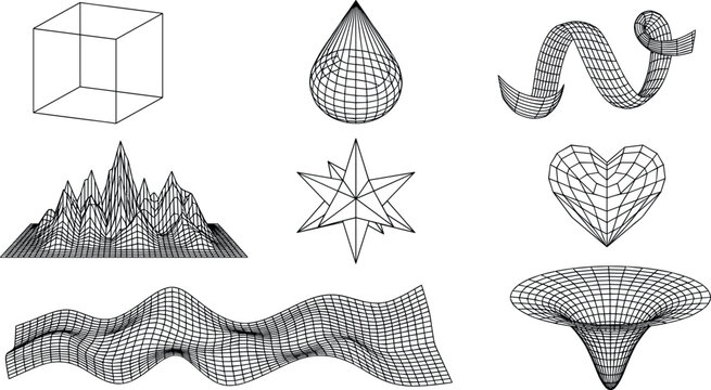 Futuristic 3D Wireframe Geometric Shape Set with Abstract Cyber Mesh Landscapes Distortion Grids Star Bursts Ribbon Waves and Heart Elements for Tech Vector Designs