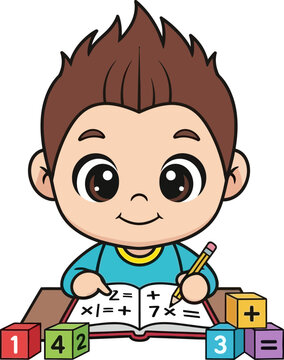 Cute boy learning math with colorful blocks and textbook, drawing and writing