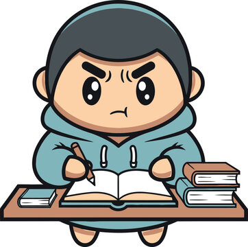 Angry student writing in book, studying hard, focused on homework, education concept