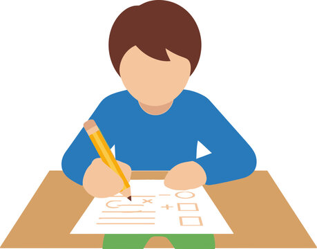 Child writing on paper with pencil at desk, learning, education concept